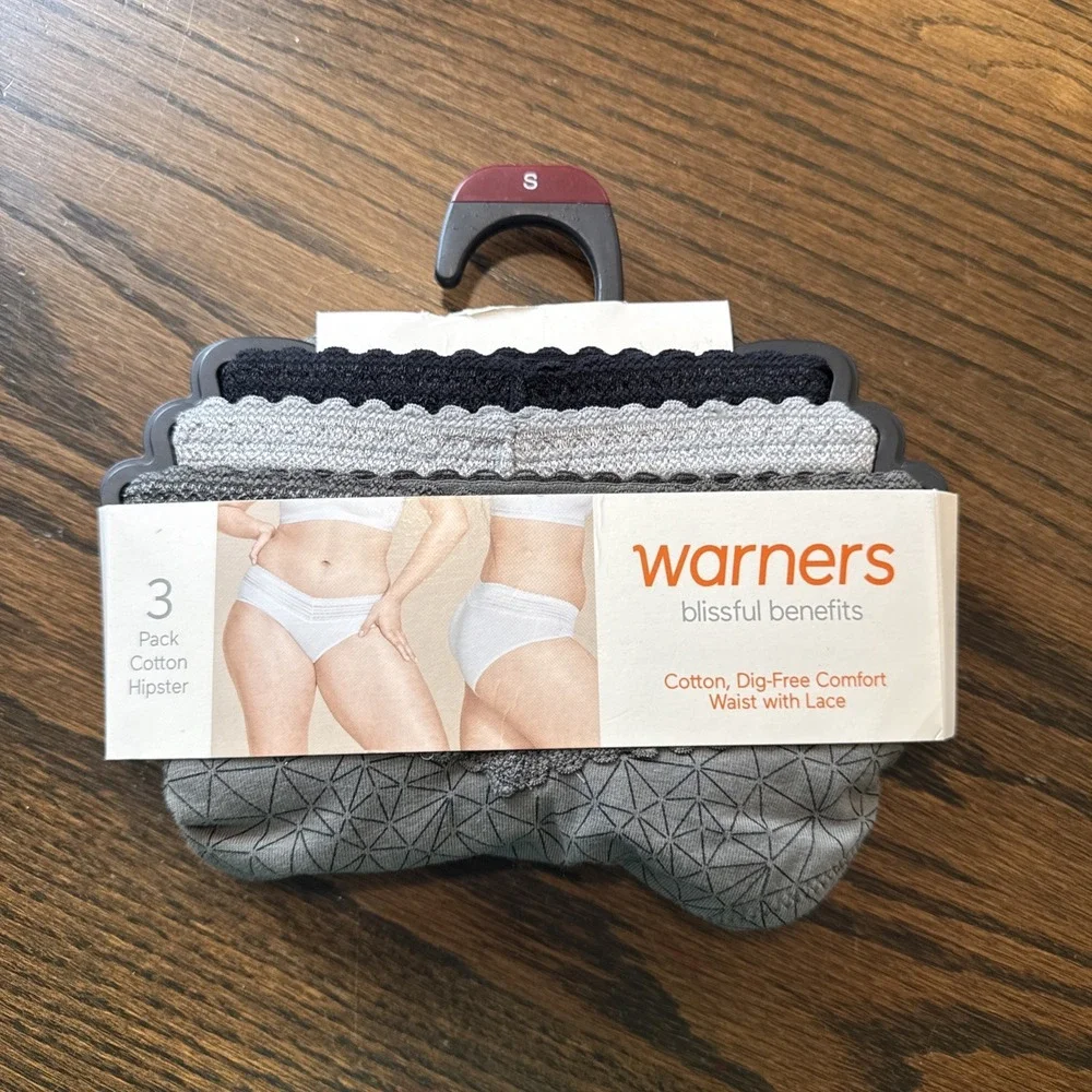 Warners Womens 3pc Dig-Free Cotton‎ Waist Lace Hipster Panty Set Small Geometric